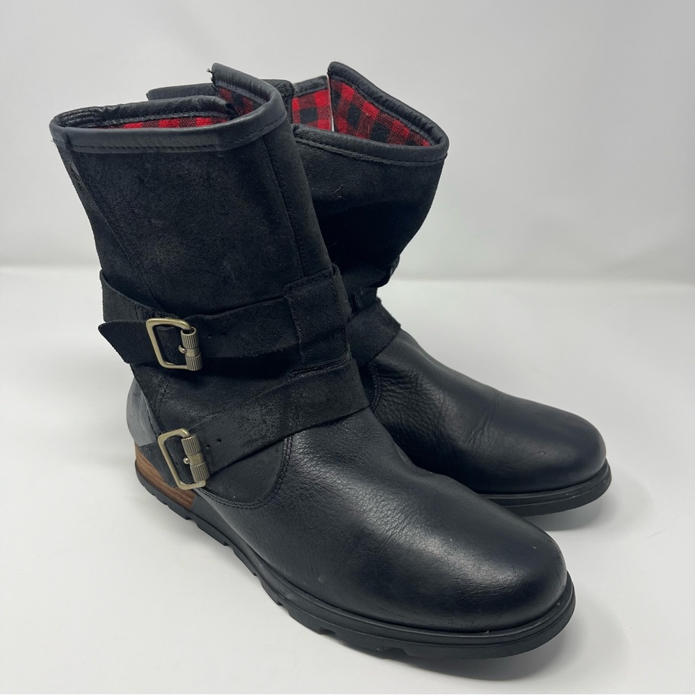 Sorel Major Moto Boots NL2432-010 Black Womens Size 10 Buffalo Plaid Lined